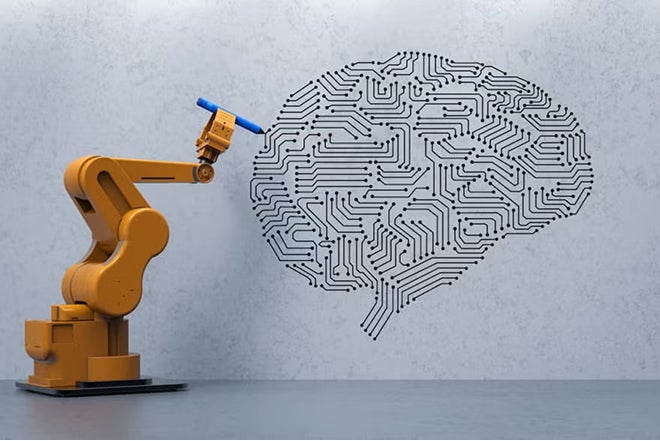 Orange robotic arm with pen drawing on circuit board brain pattern representing artificial intelligence and technology