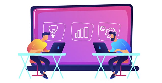 Illustration of two people working on laptops with business icons